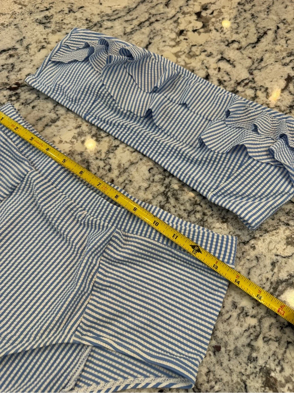 Blue & White Seersucker Ruffle Bandeau Bikini Set High Waist Size L - Picture 4 of 9
